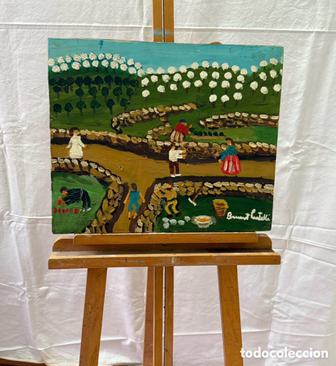 Arte: Brunet Castell&agrave; &oacute;leo escena rural costumbrista paisaje catal&aacute;n firmado