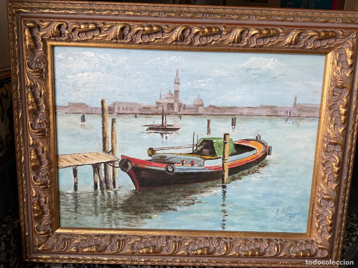 Arte: Cuadro al &oacute;leo con marco dorado de una gondola con paisaje de Venecia