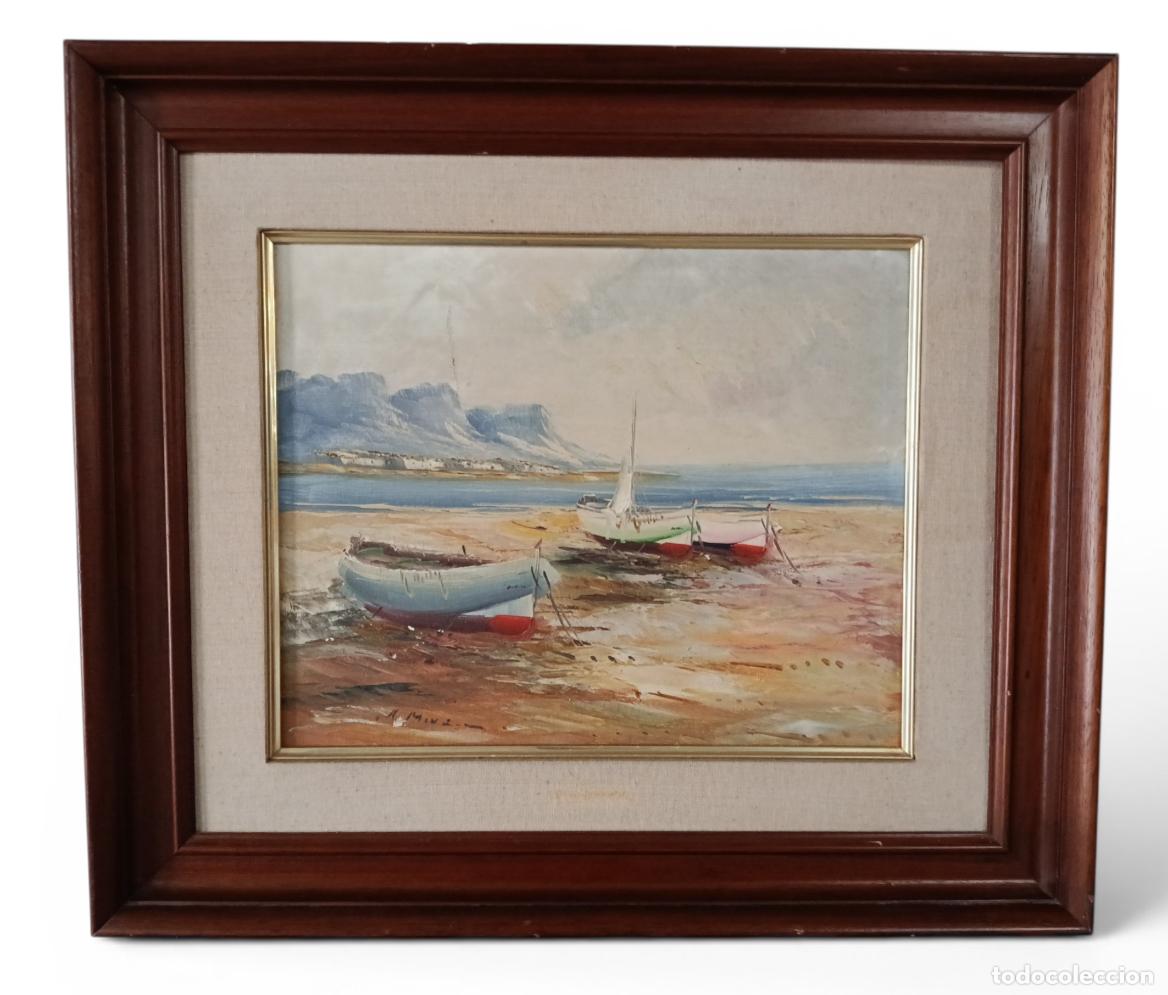 Arte: &Oacute;leo mediterr&aacute;neo firmado &ldquo;A. M&hellip;&rdquo; &ndash; paisaje costero con barcas varadas &ndash; &oacute;leo sobre lienzo enmarcado