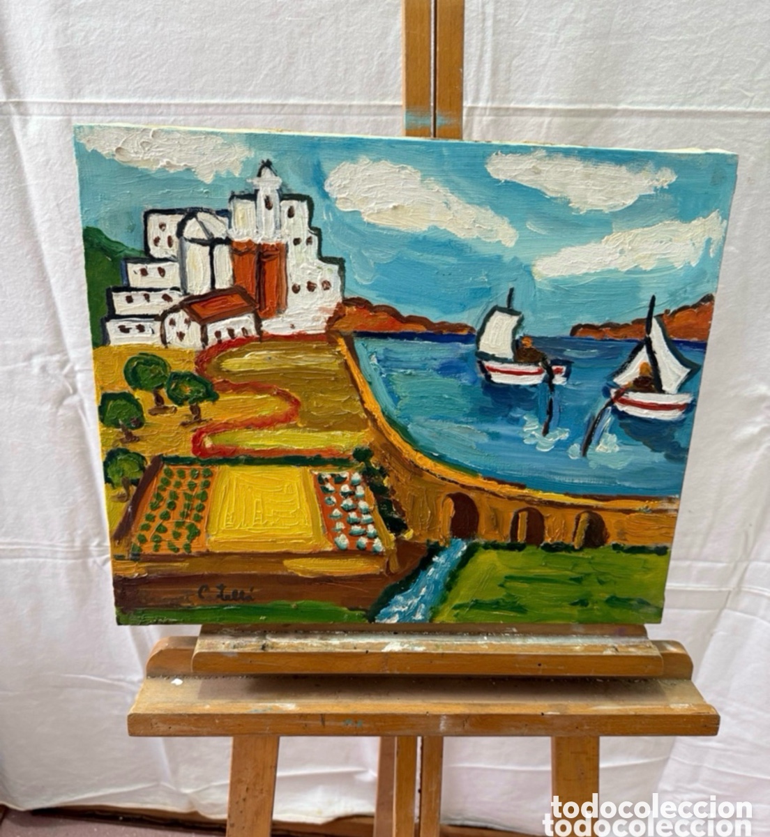 Art: Paisaje mediterr&aacute;neo con puerto y pueblo. &Oacute;leo sobre lienzo firmado Brunet Castella