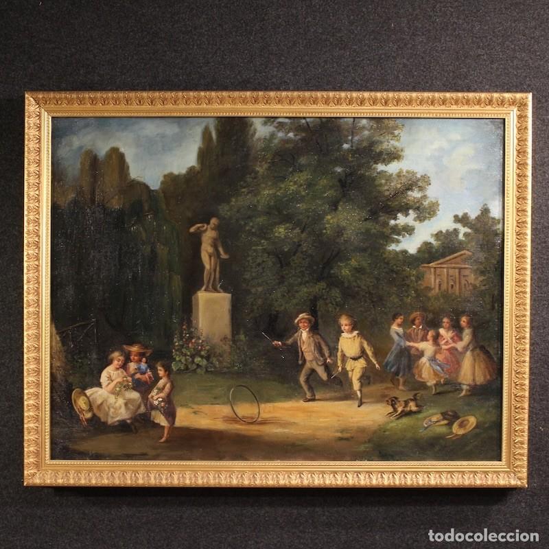 Arte: Pintura francesa escena de g&eacute;nero que representa un parque con ni&ntilde;os jugando.