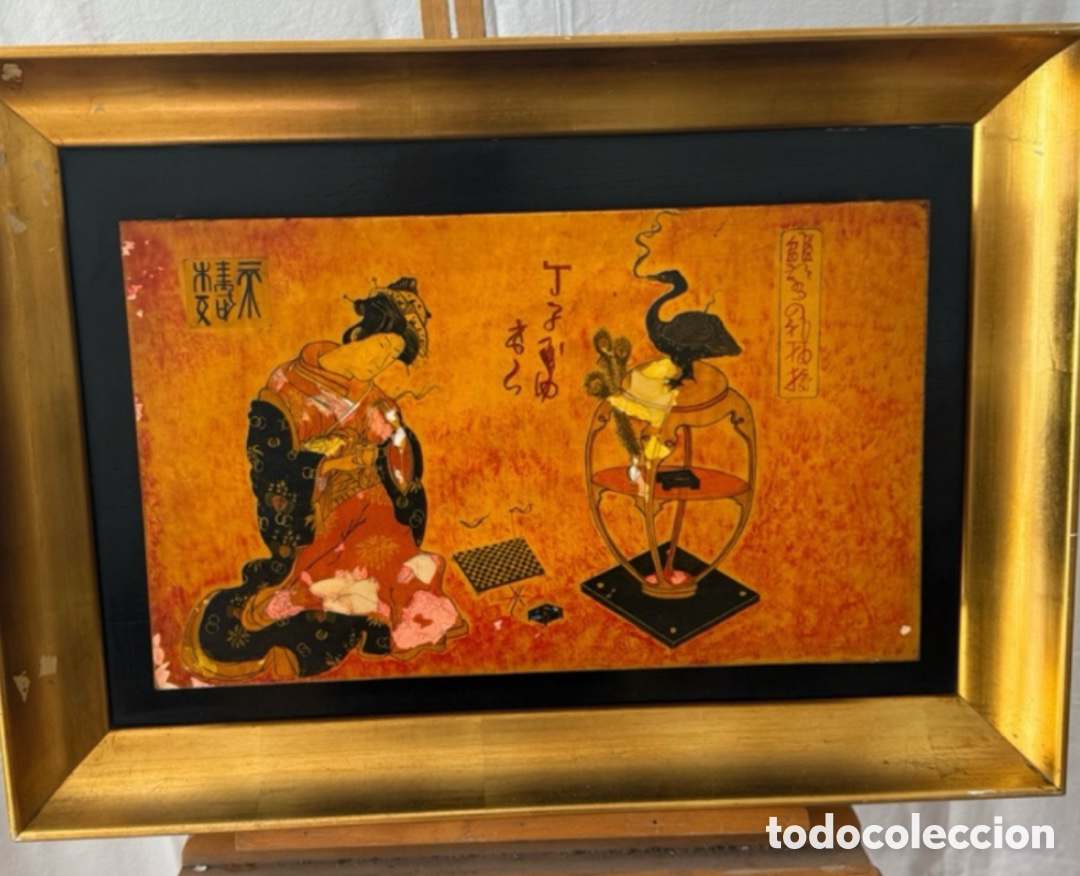 Arte: &Oacute;leo sobre tablex oriental firmado geisha y grulla firmado.