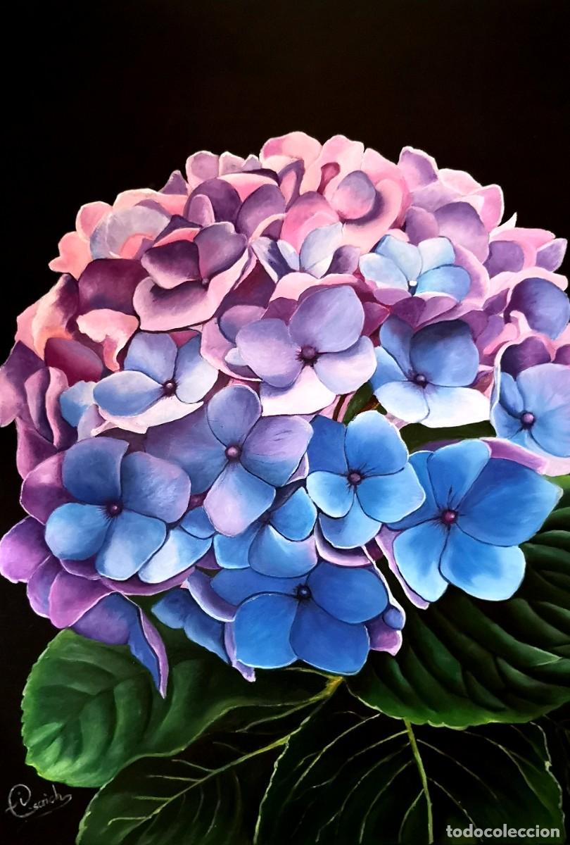 Arte: Hortensia azul-&Oacute;leo sobre lienzo pintado por Inma Escrich