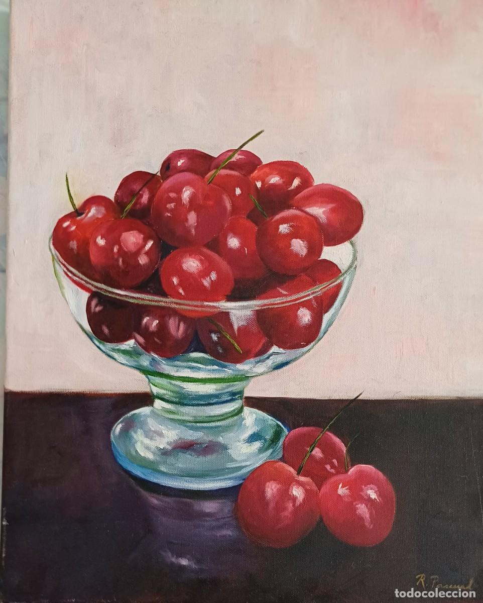 Arte: TAZ&Oacute;N CON CEREZAS-PINTURA OLEO SOBRE TELA - FIRMADO POR ROSA PASCUAL