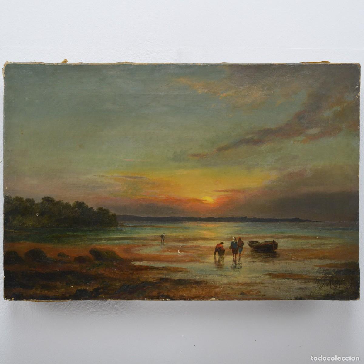 Arte: 19th Century Romantic British Sunset Seascape Oyster Gatherers Oil Canvas Signed