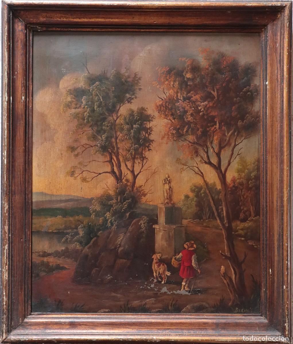 Arte: Paisaje rom&aacute;ntico. &Oacute;leo sobre lienzo. Escuela francesa. Firmado. S. XIX. Mide 58 x 47 cm.