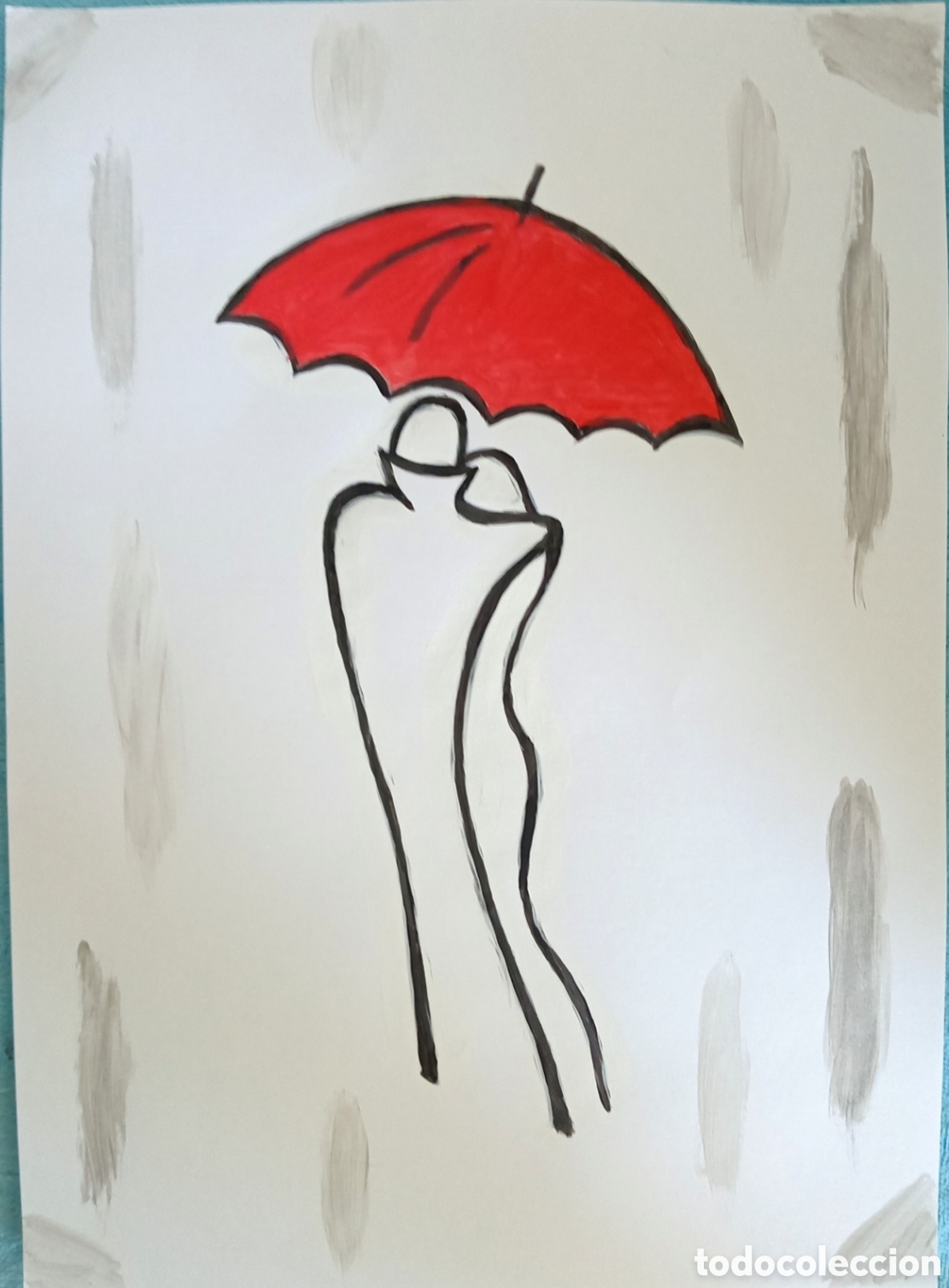 Kunst: Original pintura pareja con paraguas (1) (t&eacute;cnica mixta) acuarela y acr&iacute;lico sobre cartulina 30,3cm