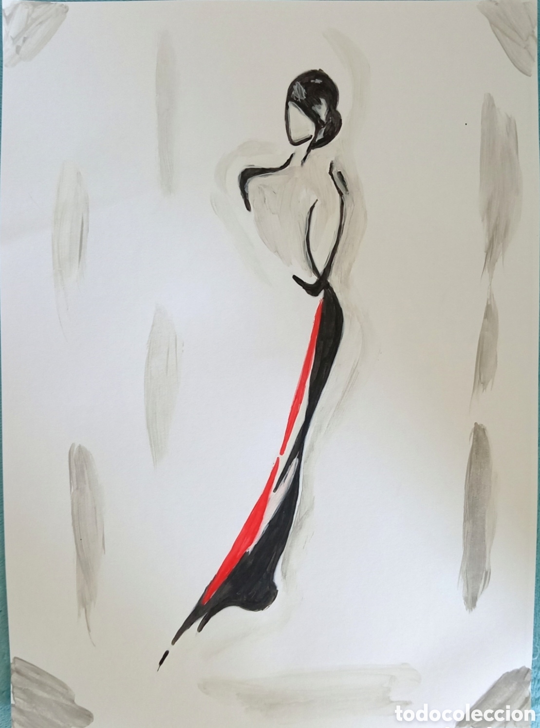 Art: Original pintura mujer de negro y rojo (1) (t&eacute;cnica mixta) acuarela y acr&iacute;lico sobre cartulina 30,3c