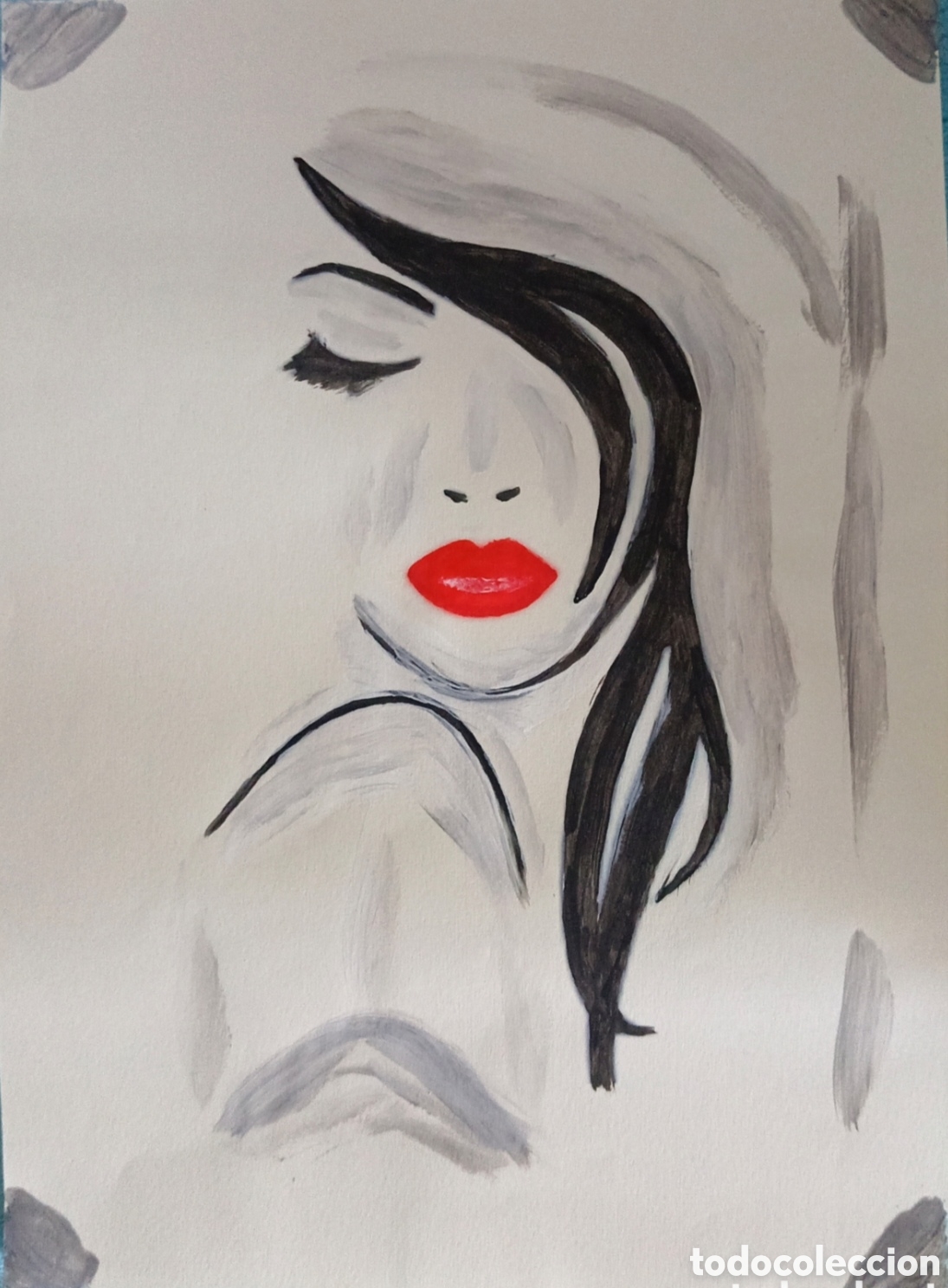 Kunst: Original pintura mujer con flequillo trazos (7) (t&eacute;cnica mixta) acuarela y acr&iacute;lico sobre papel 29,2