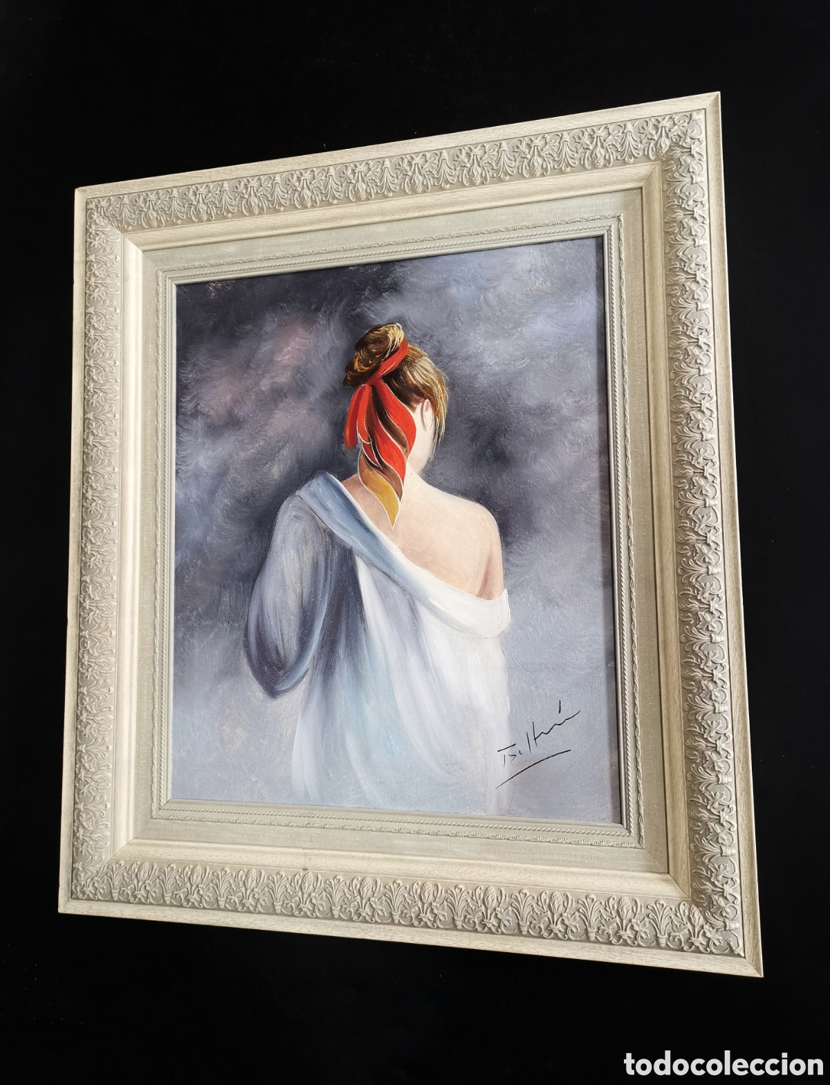 Kunst: GRAN &Oacute;LEO SOBRE LIENZO ESCENA FIGURATIVA CHICA DE ESPALDAS FIRMADO BELTR&Aacute;N