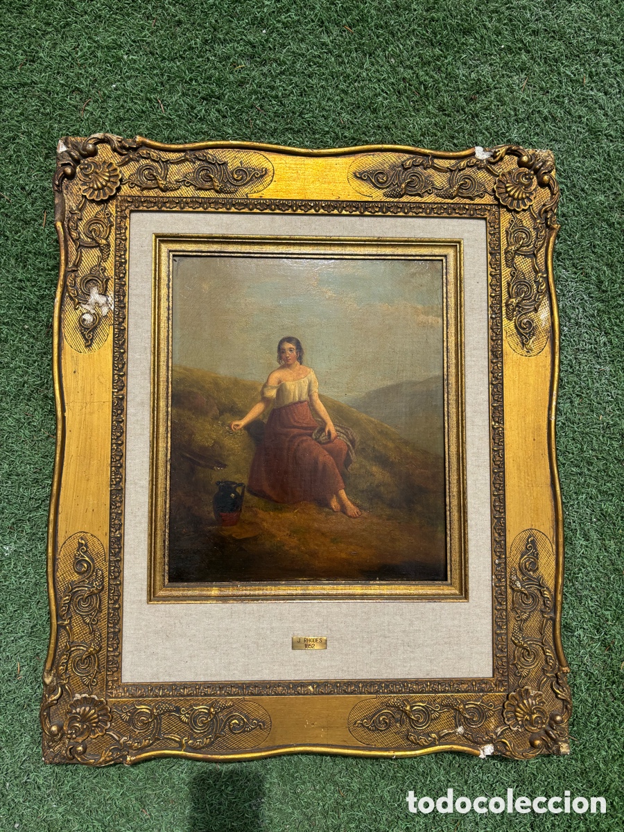 Arte: Dama con un c&aacute;ntaro ante un paisaje por Joseph Rhodes Escuela Inglesa del siglo XIX