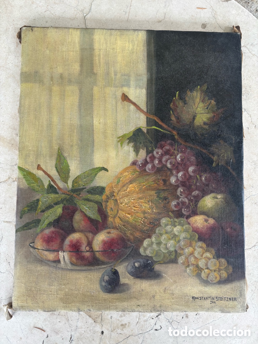 Arte: Konstantin Stoitzner (1863-1933) Bodeg&oacute;n de frutas en un alf&eacute;izar de piedra