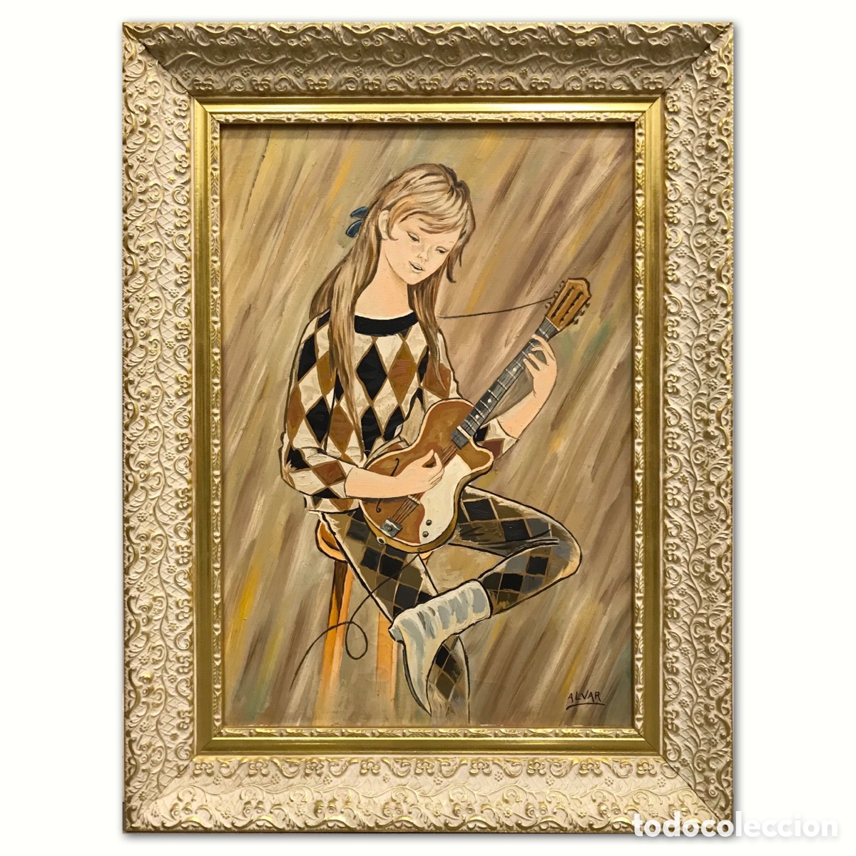 Arte: &rdquo;Arlequina con Guitarra&rdquo; Alvar Font Prats (1931-2008), a&ntilde;os 80 del S.XX aprox, 69x52cm