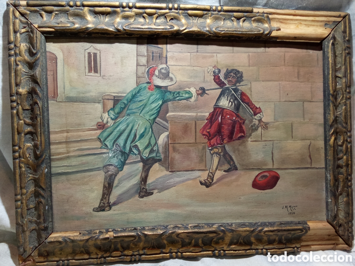 Arte: ESCENA DE DUELO CON ESPADAS AL &Oacute;LEO SOBRE MADERA POR J.M. MARCO, 1938