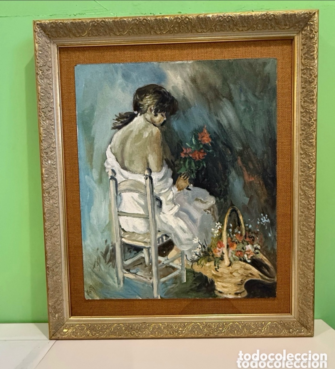Kunst: &Oacute;leo sobre lienzo escena femenina con flores pintura figurativa siglo XX firmada.