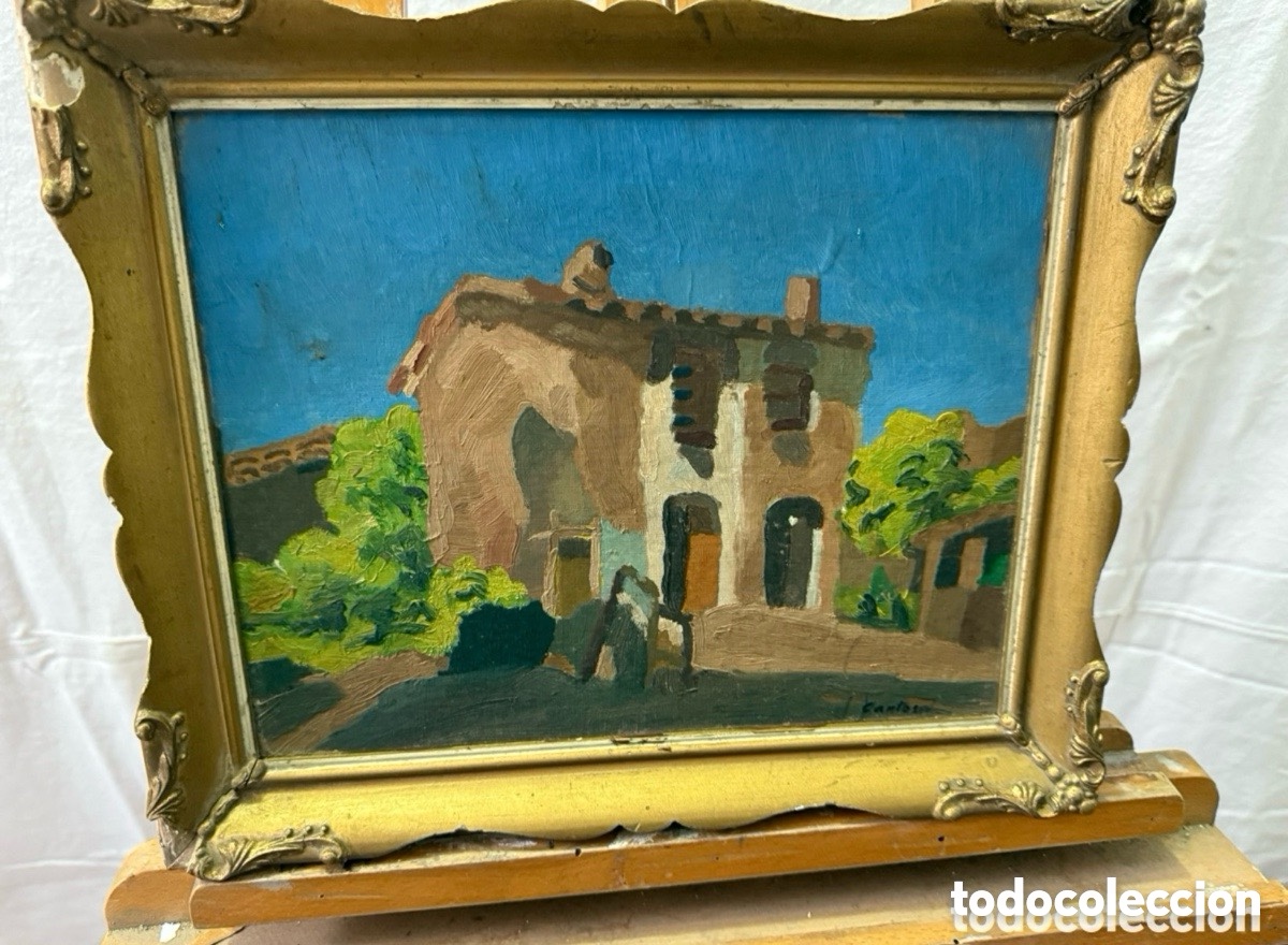 Arte: &Oacute;leo paisaje con casa rural firmado Carlos. Escuela espa&ntilde;ola siglo XX