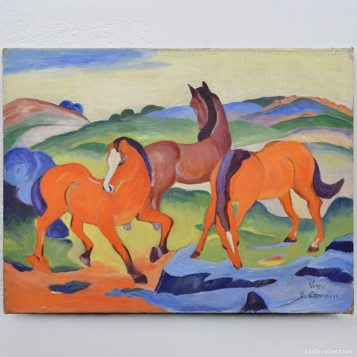 Arte: Mid 20th Century After Franz Marc German Expressionism Red Horses Oil Canvas