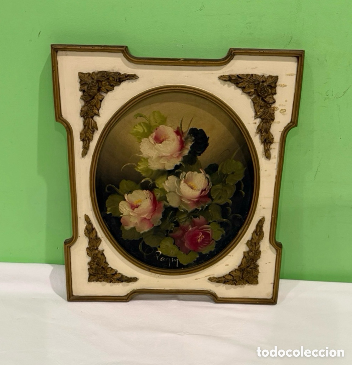 Arte: Antiguo bodeg&oacute;n floral &oacute;leo sobre Tablex firmado con marco decorativo original