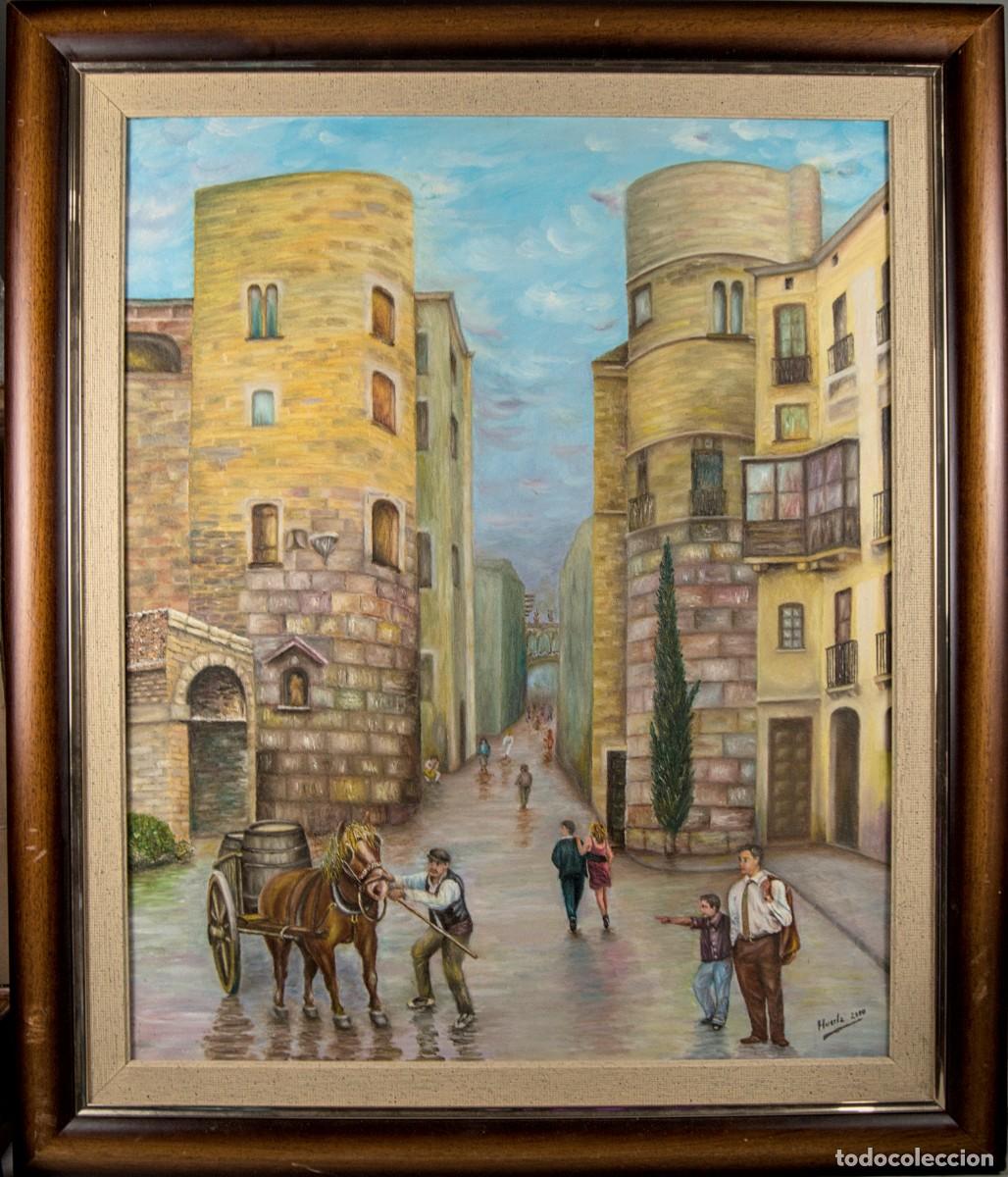 Arte: Antonio Huerta Blanco (n. 1953). Escena Urbana con Torres Monumentales. &Oacute;leo sobre lienzo, a&ntilde;o 2000