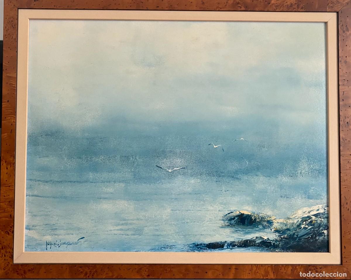 Arte: JOSE LUIS BARCELONA - OLEO SOBRE TABLA MARINA CON GAVIOTAS - 1976