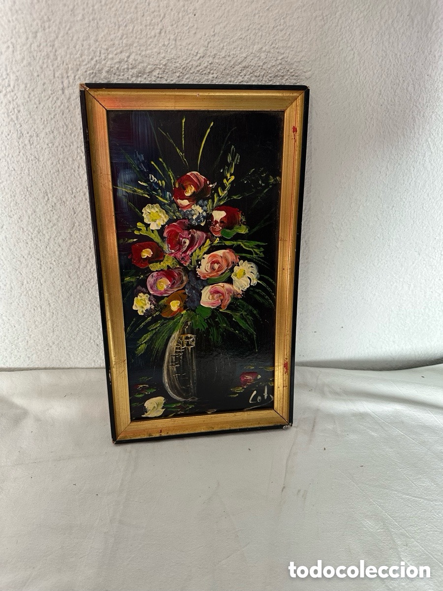 Arte: &Oacute;leo sobre tabla bodeg&oacute;n floral en jarr&oacute;n firmado con marco dorado cl&aacute;sico