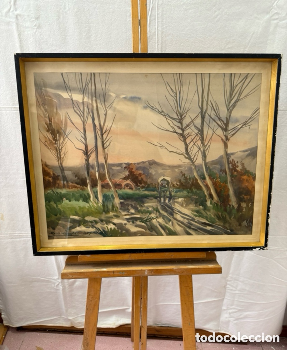 Arte: Acuarela paisaje de Vich. Mariano Brunet Coll (1918-1999). Firmada. Enmarcada.