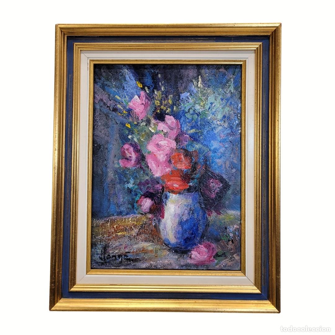 Arte: &Oacute;leo sobre lienzo &ldquo;Bodeg&oacute;n floral&rdquo;, f. s. XX - Francia