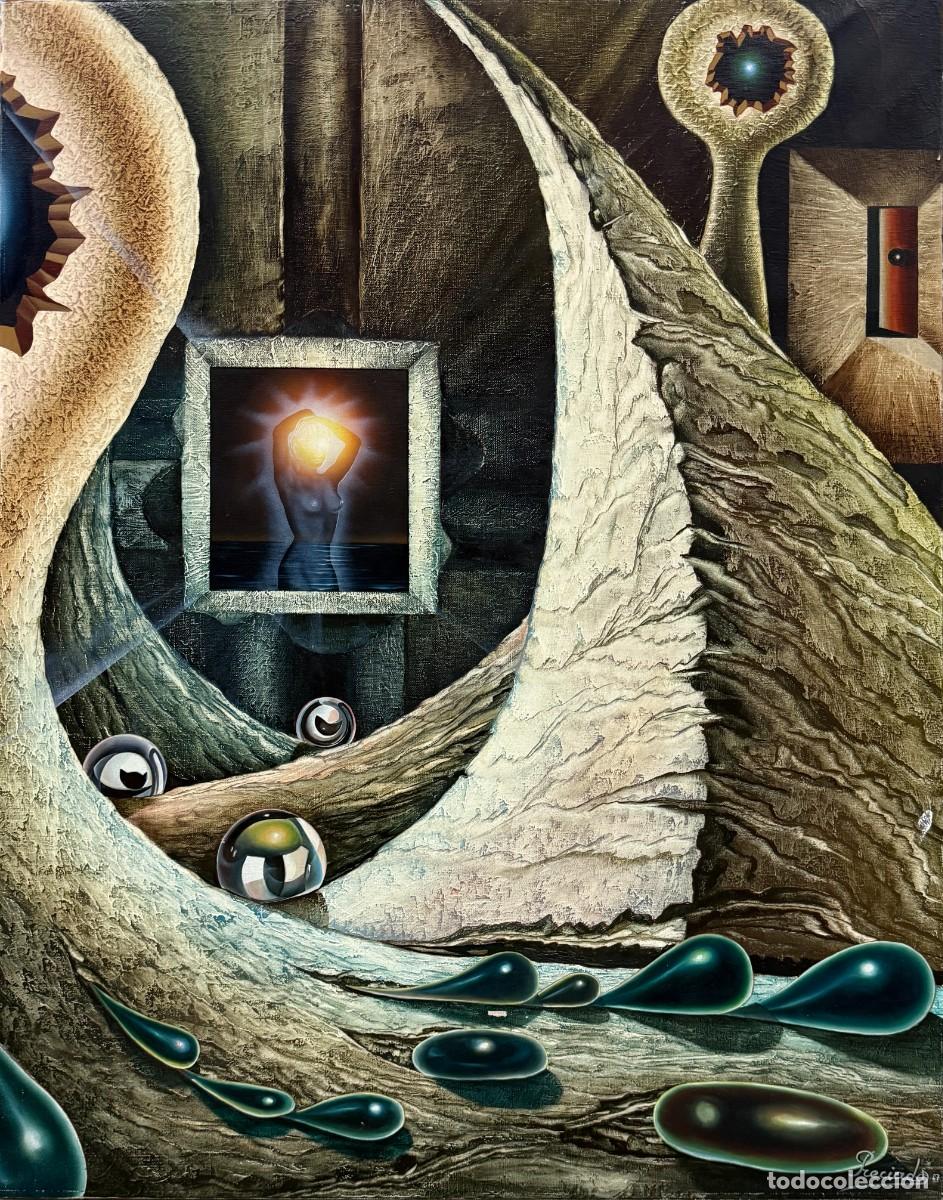 Arte: &Aacute;ngel Preciados Vega - Gran &oacute;leo surrealista con desnudo femenino y orbes c&oacute;smicos