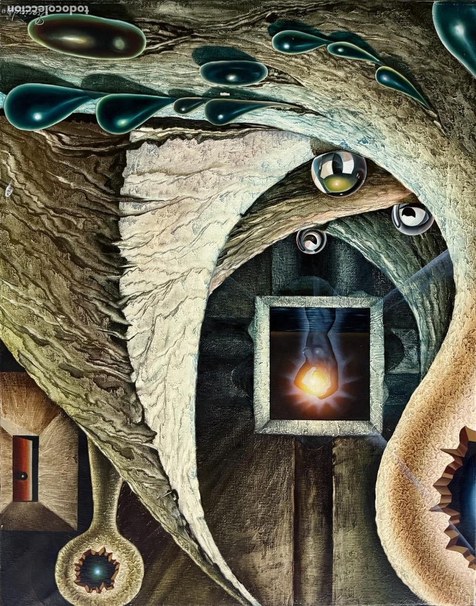 Arte: &Aacute;ngel Preciados Vega - Gran &oacute;leo surrealista con desnudo femenino y orbes c&oacute;smicos