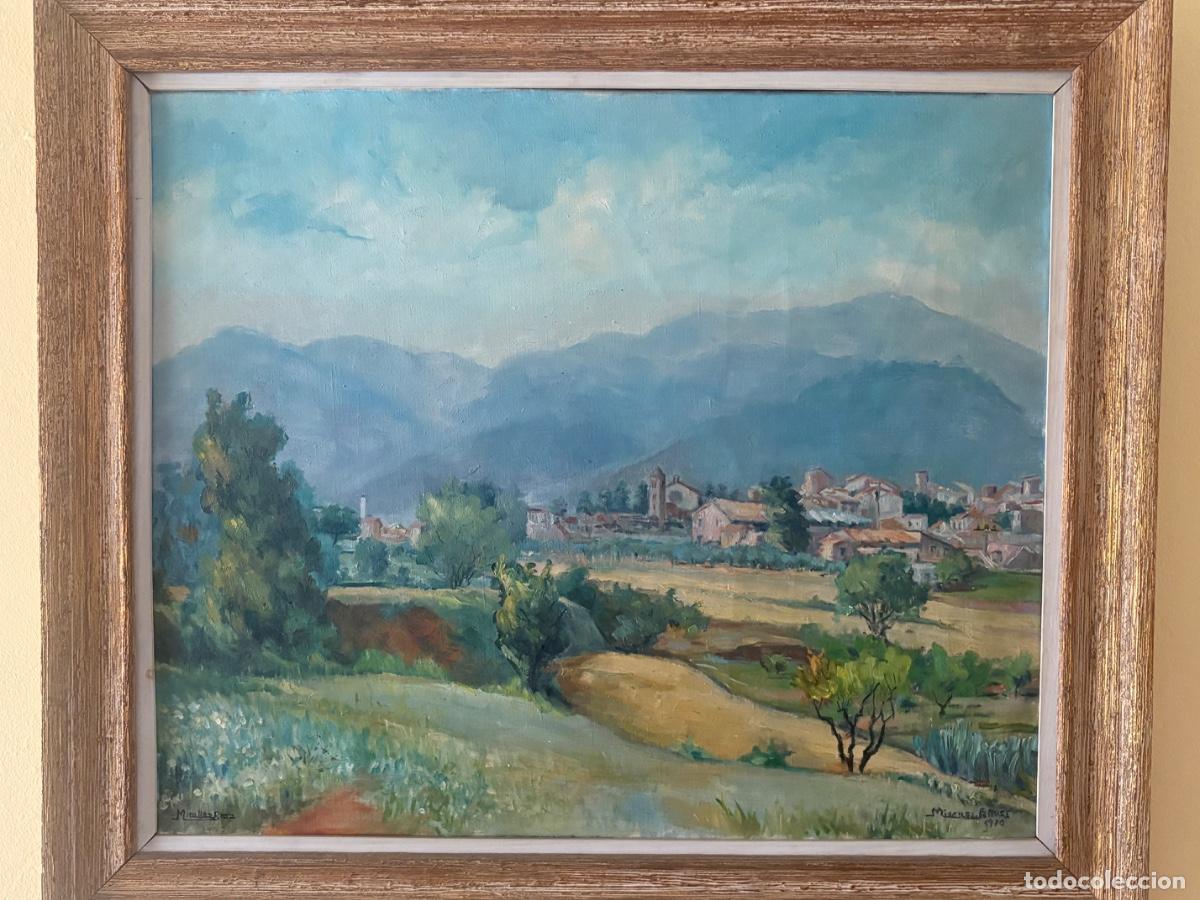 Arte: &Oacute;leo sobre lienzo - Miquel Borros 1970 - Paisaje pueblo - 58x48 cm - Doble firmado