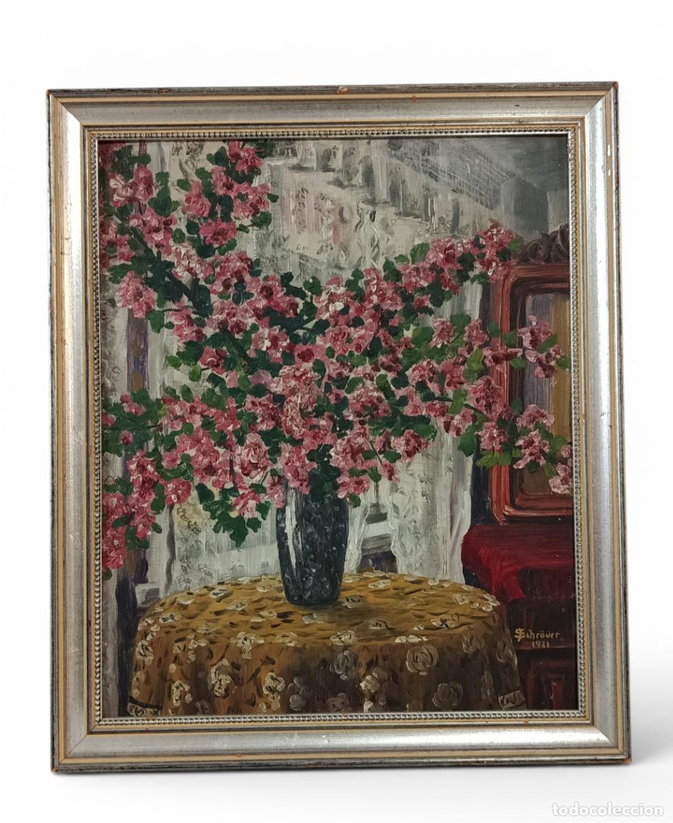 Arte: &Oacute;leo sobre tabla &ldquo;Gran ramo floral en interior&rdquo; &ndash; Firmado Schr&ouml;der &ndash; 1921