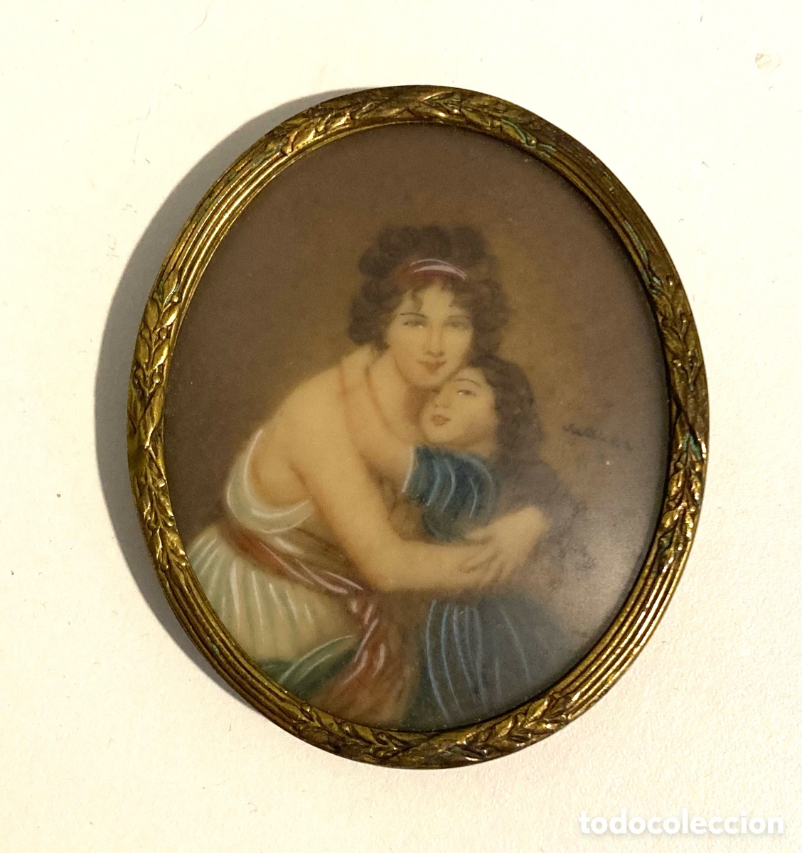 Arte: Retrato miniatura sobre marfil de madre con ni&ntilde;o peque&ntilde;o. Firmado. Mediados del XIX.