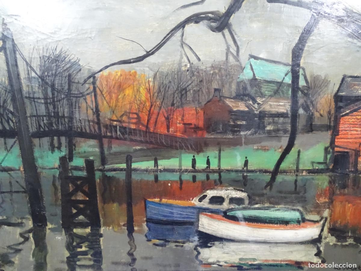 Arte: GRAN OLEO SOBRE TELA FREDERIC LLOVERAS 1950. CIUDAD CON R&Iacute;O Y BARCOS.