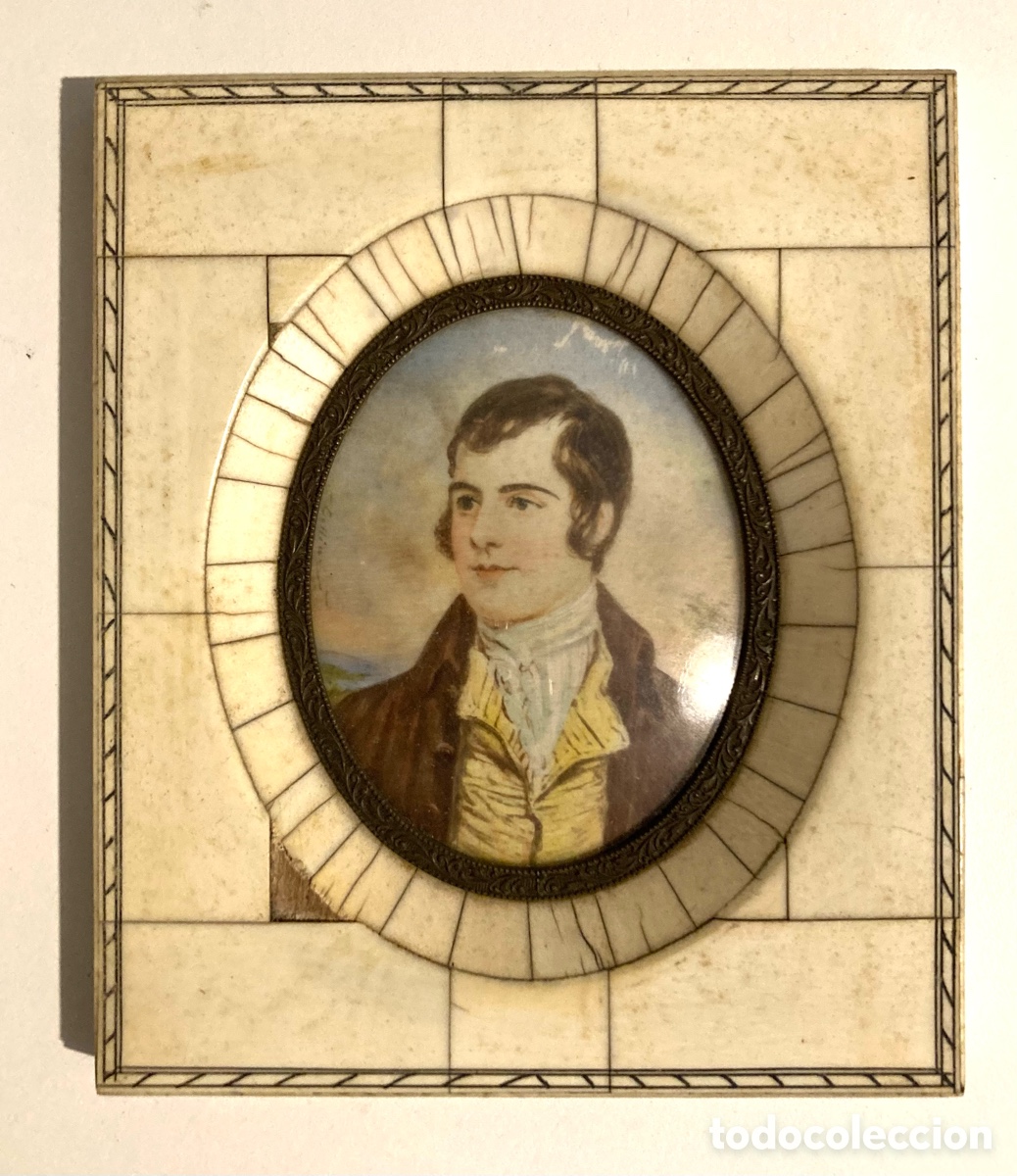 Arte: Precioso retrato miniatura con marco de marfil. Primera mitad siglo XIX.