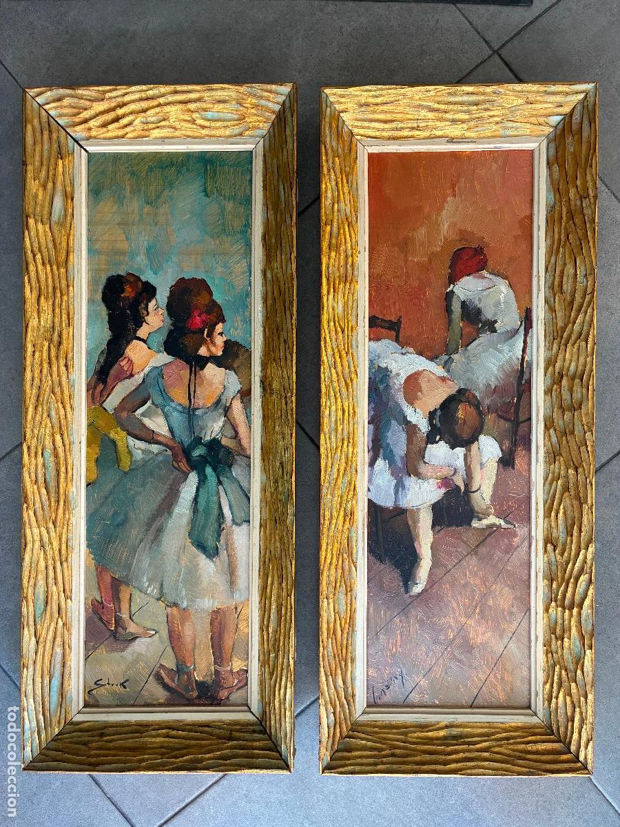 Arte: Vintage cuadros de bailarinas a&ntilde;os 60 pintados al oleo sobre dorado uno firma Struk miden 75x30x5