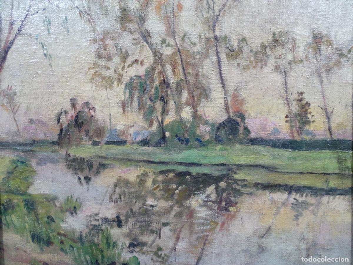 Arte: &Oacute;LEO SOBRE TELA ILEGIBLE. PAISAJE CON R&Iacute;O. ESCUELA CATALANA A&Ntilde;OS 40 DE GRAN CALIDAD.