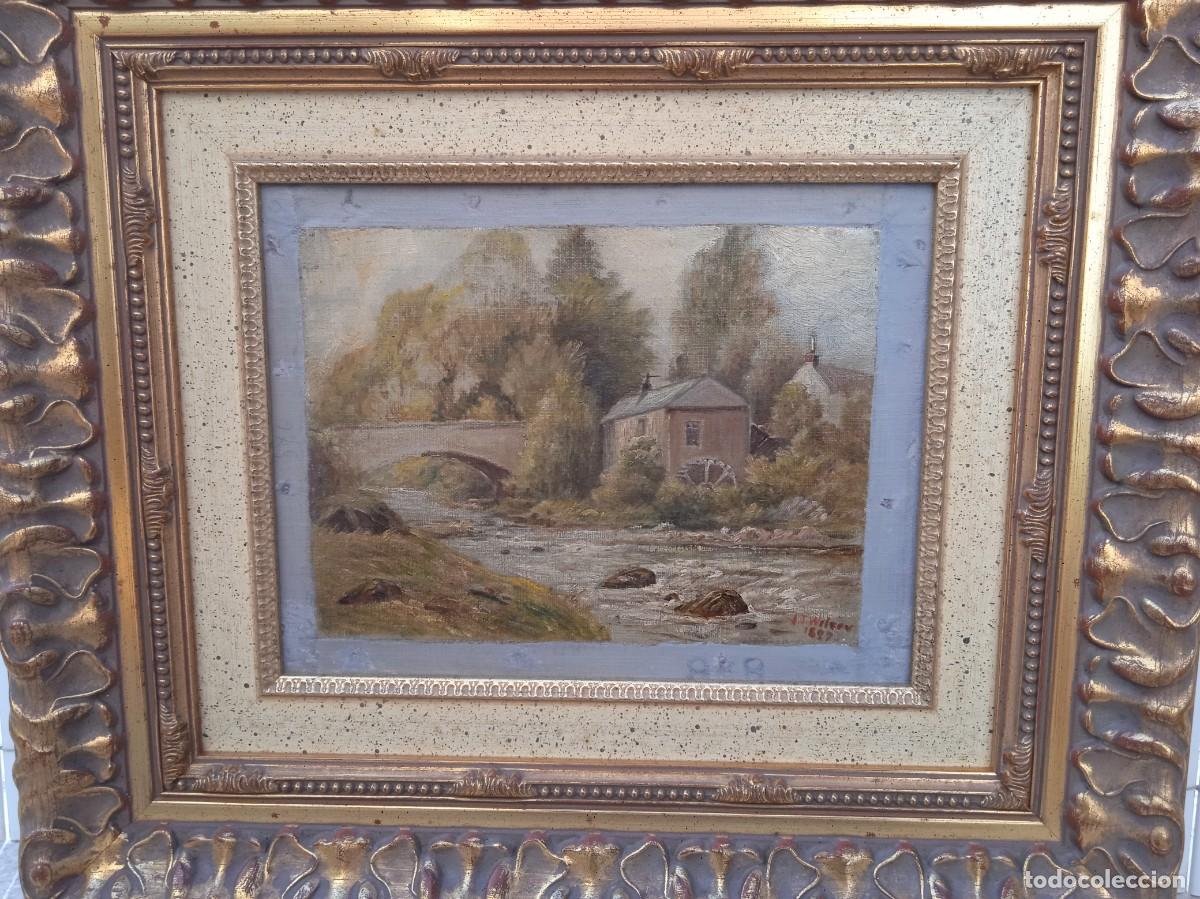 Kunst: PAISAJE CON MOLINO (&oacute;leo sobre lienzo, 0,15 x 0,20). Firmado: J. T. Wilson 1889.