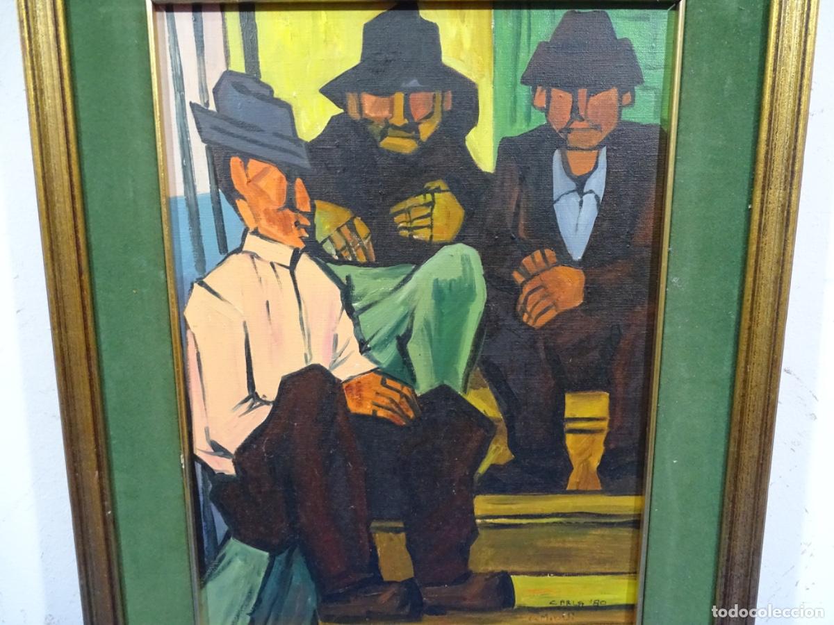 Arte: &Oacute;LEO TELA FIRMADO CARLA 80. AMIGOS BEBIENDO. ESCUELA GUAYASAMIN.