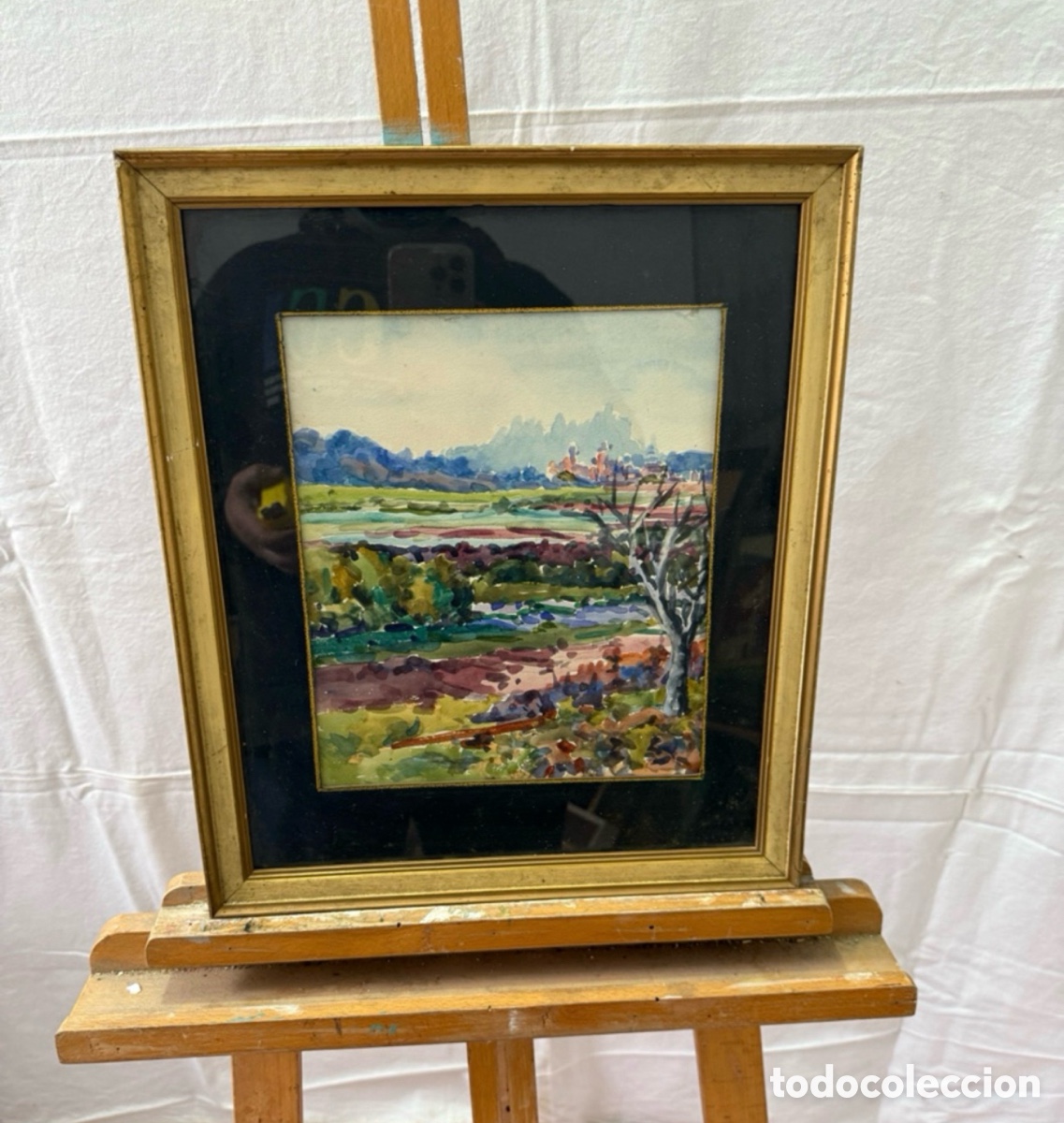 Kunst: Paisaje rural con pueblo al fondo. Acuarela sobre papel enmarcada