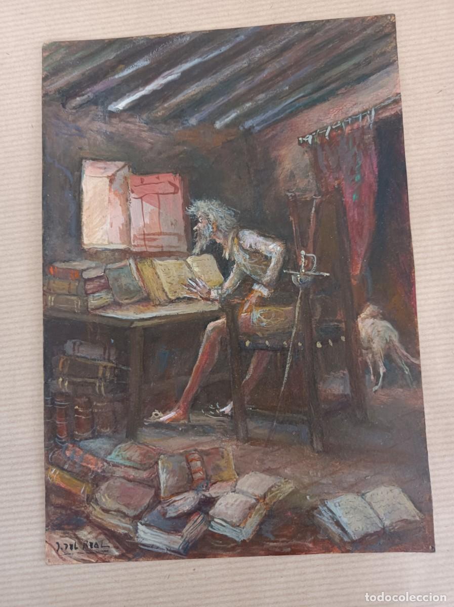 Arte: &Oacute;LEO SOBRE CARTULINA 21 x 15 cms. DON QUIJOTE EN UNA HABITACI&Oacute;N FIRMADO J. DEL REAL
