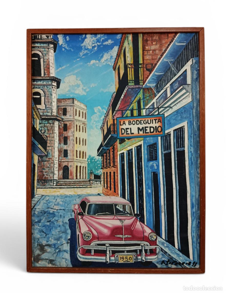 Arte: La Bodeguita del Medio &ndash; Habana Cuba &ndash; pintura sobre lienzo firmada con coche cl&aacute;sico americano