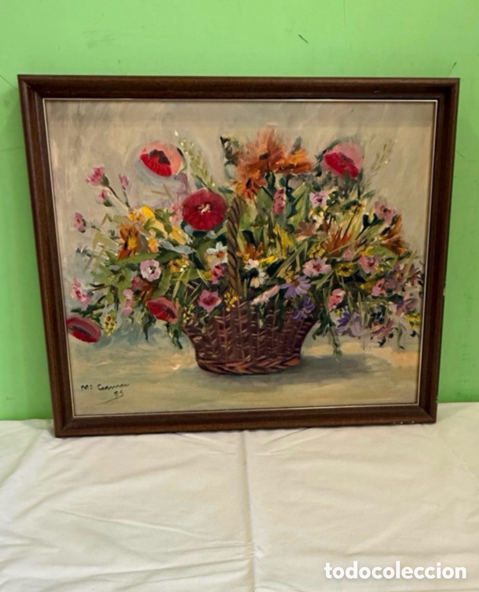 Arte: &Oacute;leo sobre lienzo bodeg&oacute;n floral firmado M&ordf; Carmen 1984 gran decoraci&oacute;n