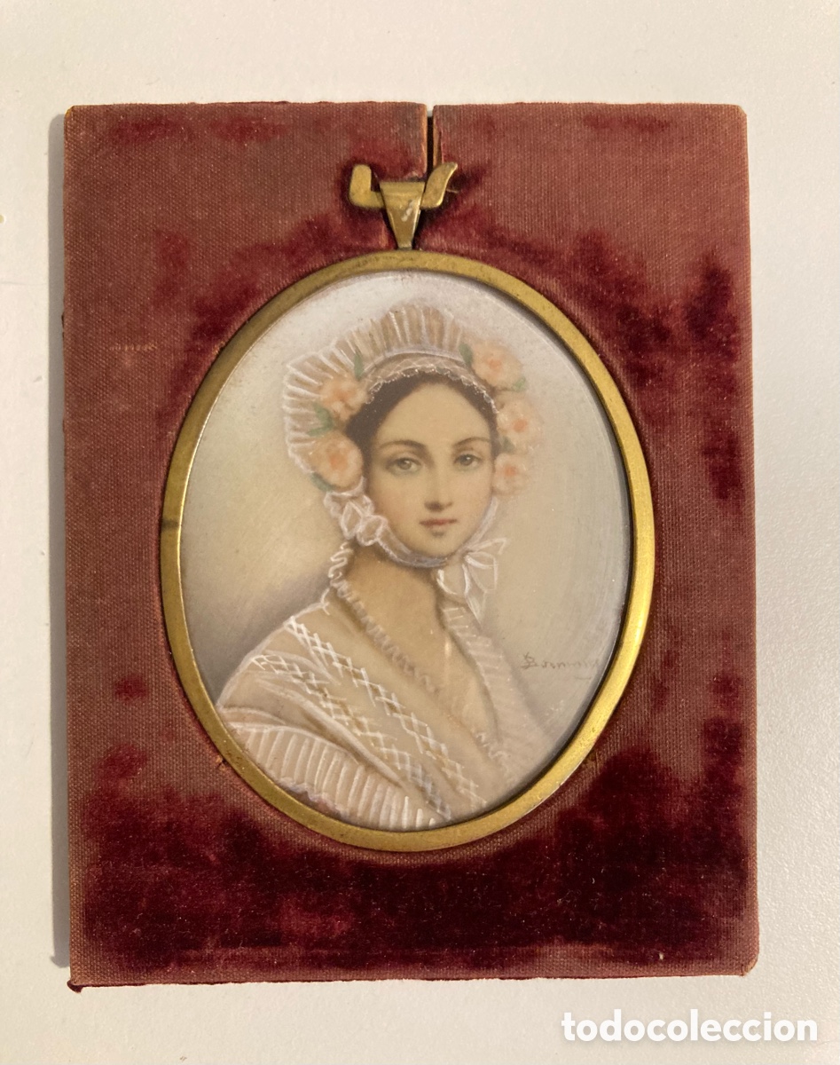 Arte: Precioso retrato miniatura femenino. Firmado. Mitad del siglo XIX. Calidad pict&oacute;rica.