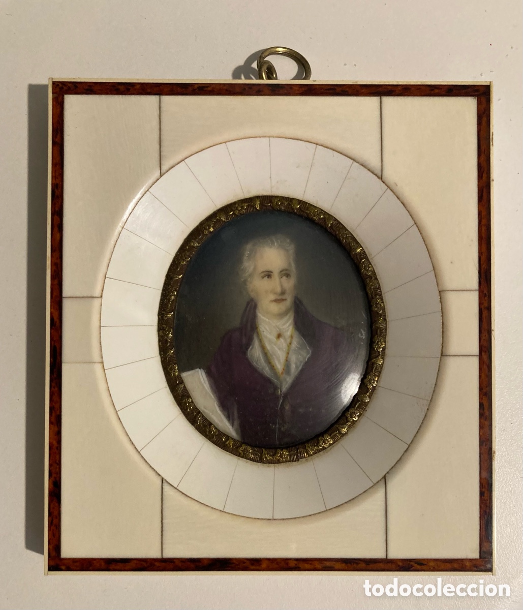Arte: Retrato miniatura de hombre adulto arist&oacute;crata. Buena factura. Marco de marfil. Siglo XIX.