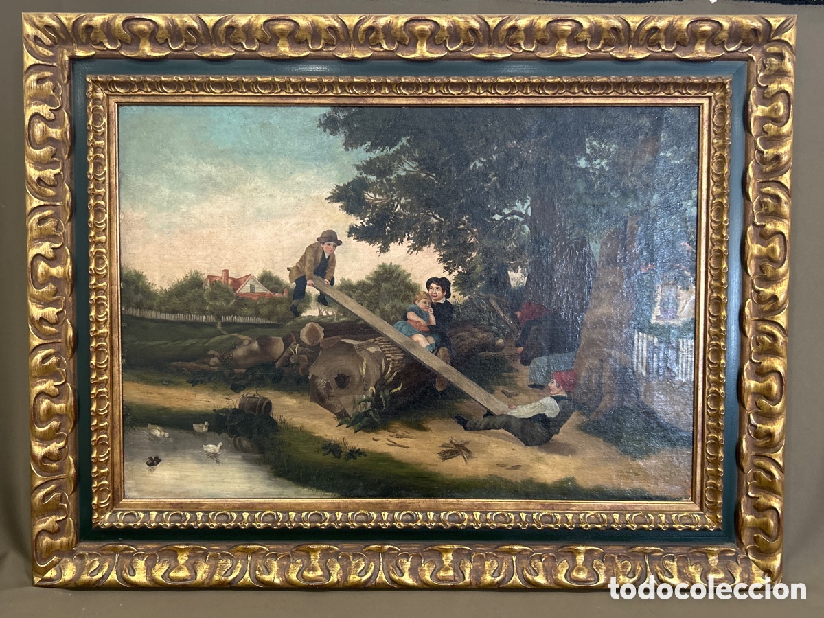 Arte: PINTURA AL &Oacute;LEO DE LA ESCUELA AMERICANA S.XIX &ldquo;NI&Ntilde;OS JUGANDO EN EL CAMPO&rdquo;