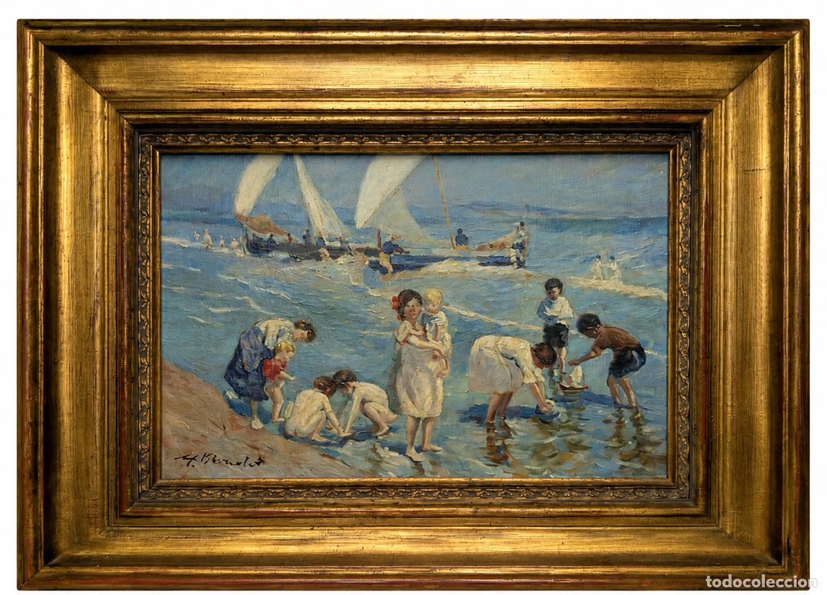 Arte: &Oacute;leo sobre madera escena playa ni&ntilde;os firmado H. Bernalux marco dorado vintage