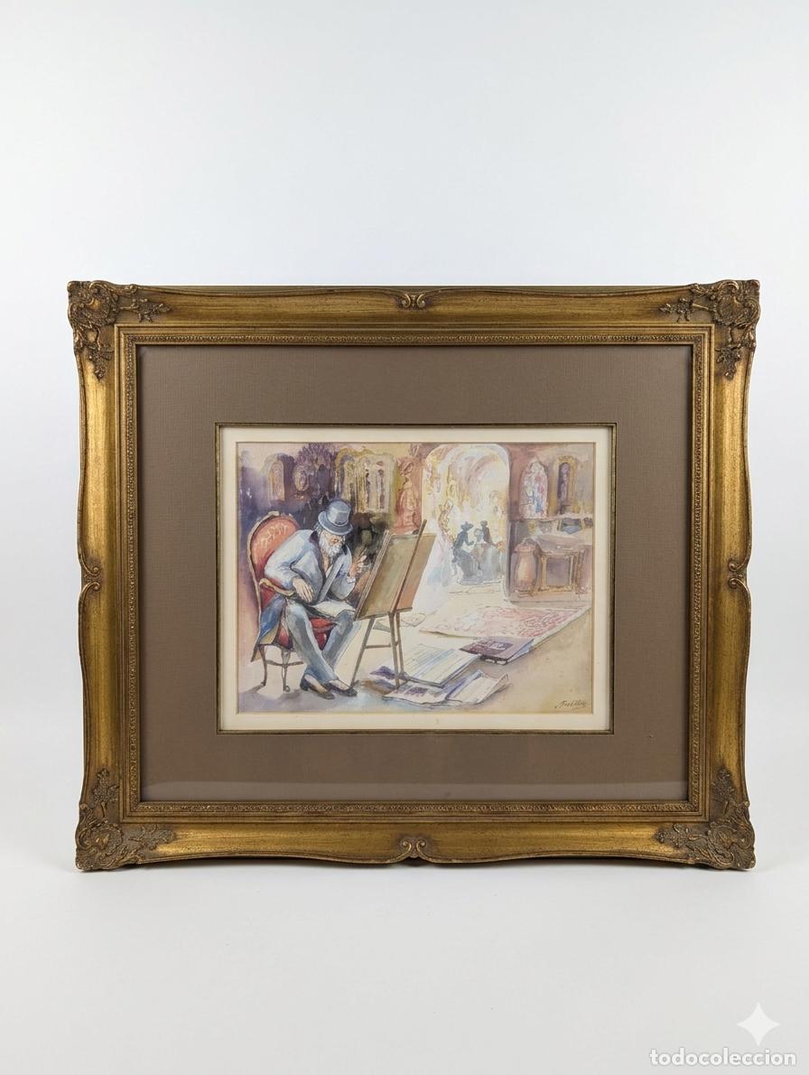 Kunst: Acuarela de Mabel Netzy - Interior de estudio de pintor - Enmarcado - 55x64 cm