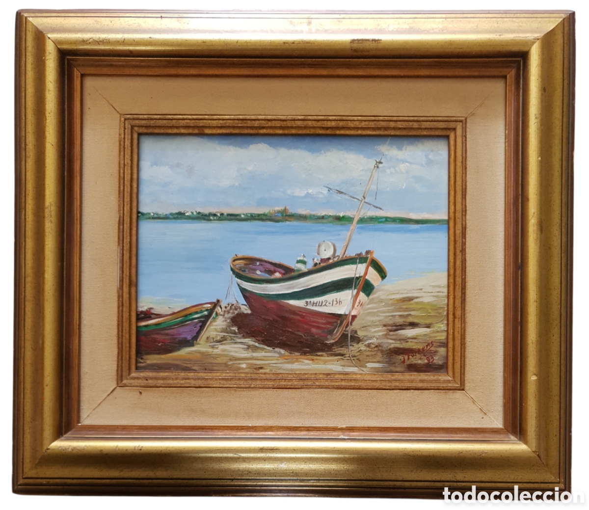 Arte: Firmado J.Torrens - Marina con Barca Varada.Oleo/Tabla.S.XX.