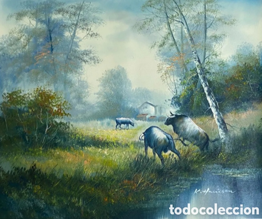 Art: &Oacute;leo sobre lienzo escena rinc&oacute;n rural Toros abrevadero 52 cm x 62 cm