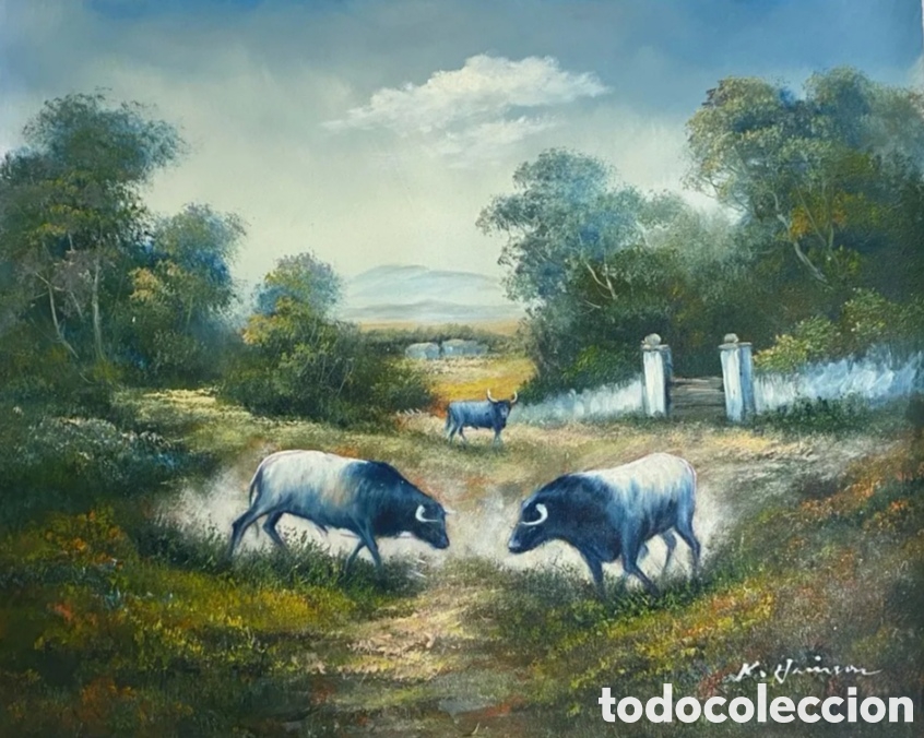 Kunst: &Oacute;leo sobre lienzo escena rural Toros en libertad enfrentados 52 cm x 62 cm